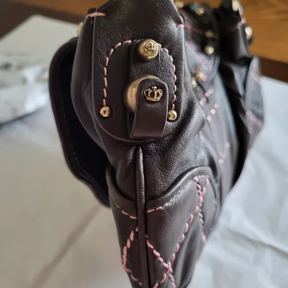 Vintage Juicy Couture Cocoa Lamb Leather Heavy Hardware Shoulder Bag - Picture 9 of 15